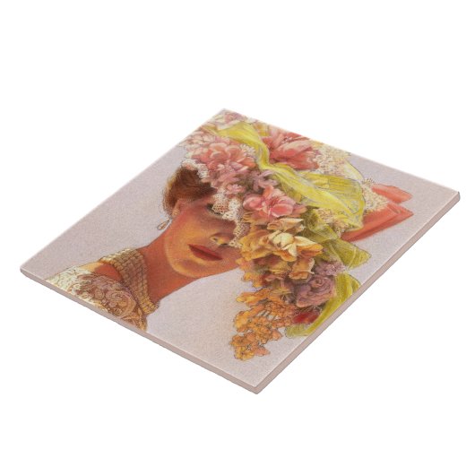 Art Tile花の帽子のエレガントなヴィンテージのビクトリアンな女性 タイル (側面)