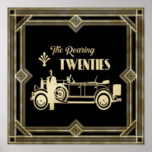 ArtDeco The Roaring Twentiesブラック・金ゴールド・ギャツビー・カー ポスター (正面)