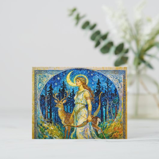 Artemis with Deer and Bow in a Starry Forest Night ポストカード (スタンド正面)