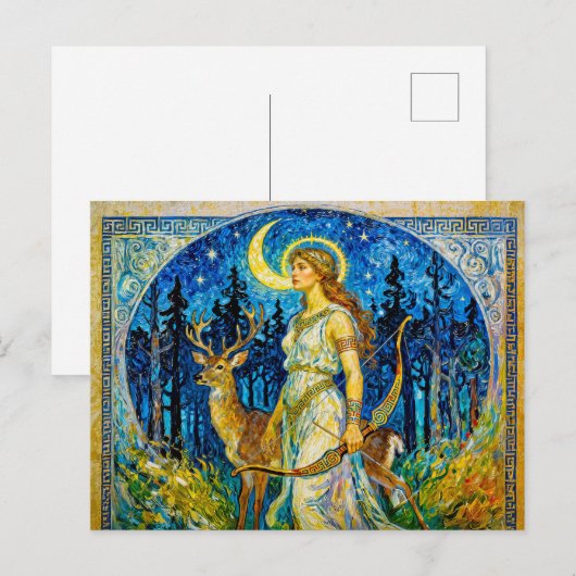 Artemis with Deer and Bow in a Starry Forest Night ポストカード (正面/裏面)