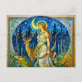 Artemis with Deer and Bow in a Starry Forest Night ポストカード