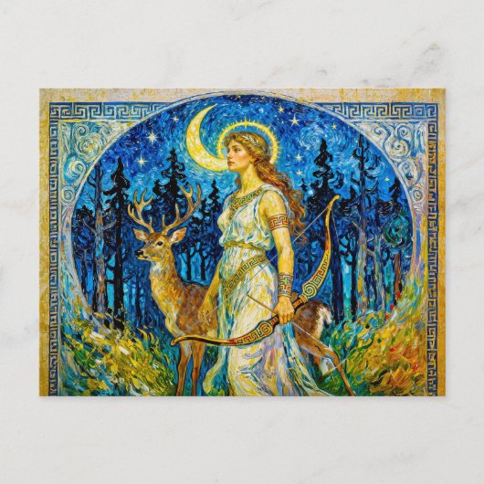 Artemis with Deer and Bow in a Starry Forest Night ポストカード (正面)