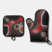 Arterial Motif:抽象芸術ブラック、ホワイト、レッド 鍋つかみ&鍋敷きセット (正面)