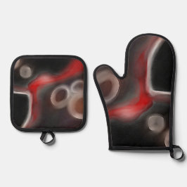 Arterial Motif:抽象芸術ブラック、ホワイト、レッド 鍋つかみ&鍋敷きセット