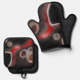 Arterial Motif:抽象芸術ブラック、ホワイト、レッド 鍋つかみ&鍋敷きセット