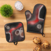Arterial Motif:抽象芸術ブラック、ホワイト、レッド 鍋つかみ&鍋敷きセット (トップダウン)