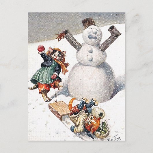 Arthur Thiele – 雪の中で子猫がタンブルする ポストカード (正面)