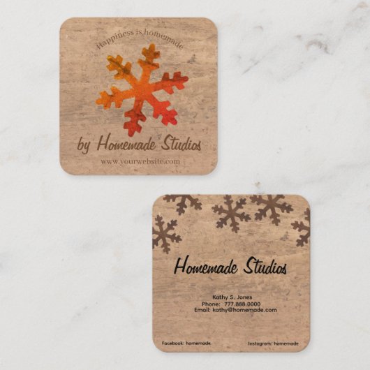 Artisan Woodgrain Campfire Snowflake 'Homemade'  スクエア名刺 (正面/裏面)