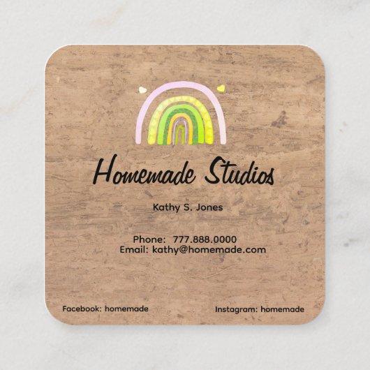 Artisan Woodgrain Rainbow 'Happiness is Homemade' スクエア名刺 (裏面)