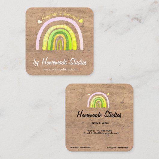 Artisan Woodgrain Rainbow 'Happiness is Homemade'  スクエア名刺 (正面/裏面)