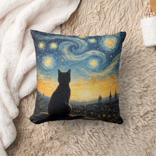 Artistic Black Cat & Celestial Town Decorative クッション (ブランケット)