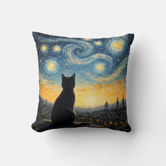 Artistic Black Cat & Celestial Town Decorative  クッション (正面)