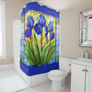 Artistic Blue Iris Floral Stained Glass  シャワーカーテン