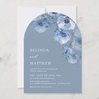 Artistic Blue Watercolor Flowers Casual Wedding 招待状