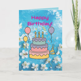 Artistic Blue White Cherry Blossom Birthday Card カード