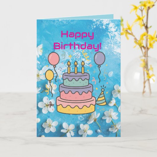 Artistic Blue White Cherry Blossom Birthday Card カード (黄色い花)