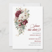Artistic Boho Burgundy White Save The Date Card 招待状 (正面)