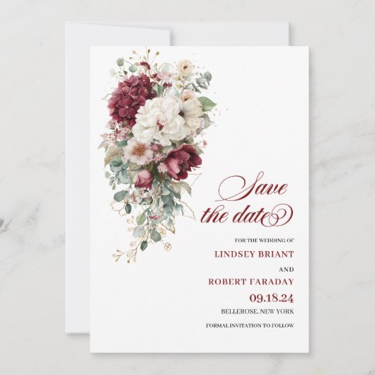 Artistic Boho Burgundy White Save The Date Card 招待状 (正面)