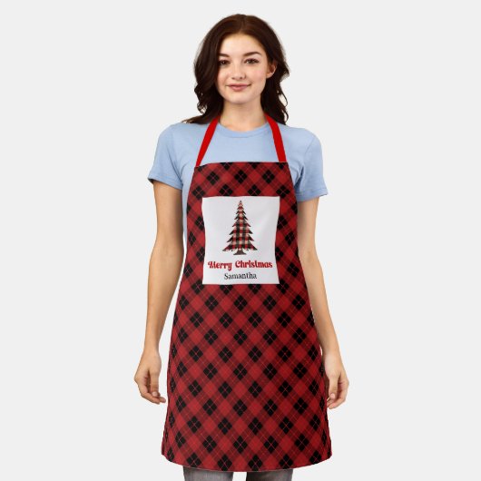 Artistic Buffalo Plaid Tree Personalized Xmas   エプロン (着用した状態)
