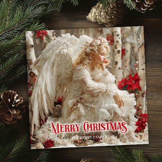 Artistic Christmas angel red poinsettias cheerful シーズンカード