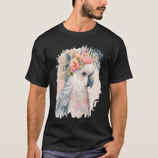 Artistic Cockatoo Parrot Bird Flower Crown Pet Bir Tシャツ (正面)