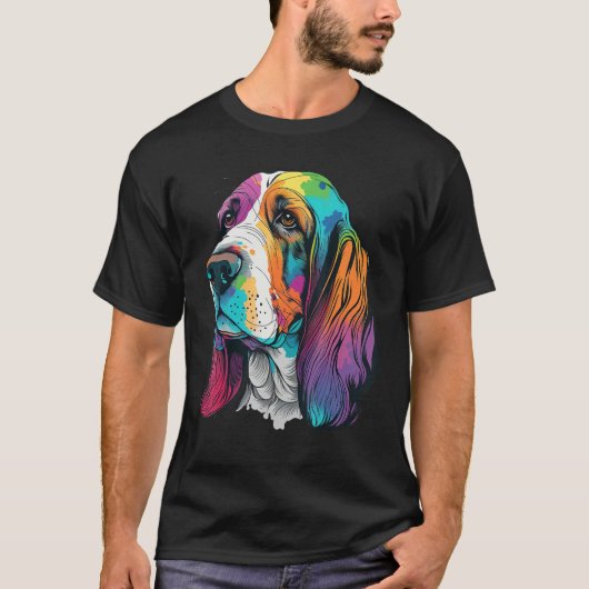 Artistic Colorful Pop painted Basset Hound Tシャツ (正面)