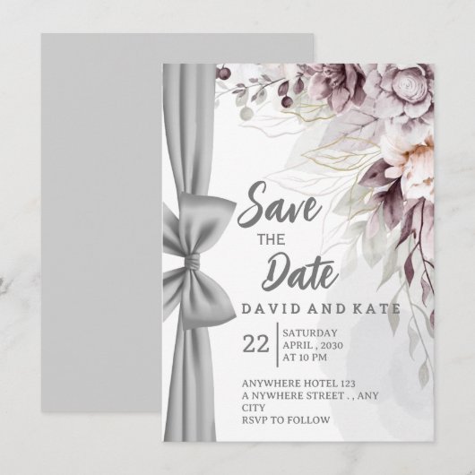 Artistic Curtain & Floral Save the Date Card (正面/裏面)