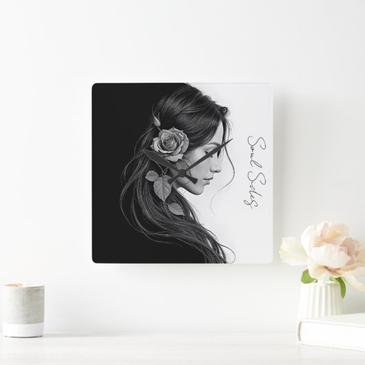 Artistic female profile with rose in monochrome スクエア壁時計 (ホーム)