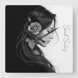 Artistic female profile with rose in monochrome スクエア壁時計