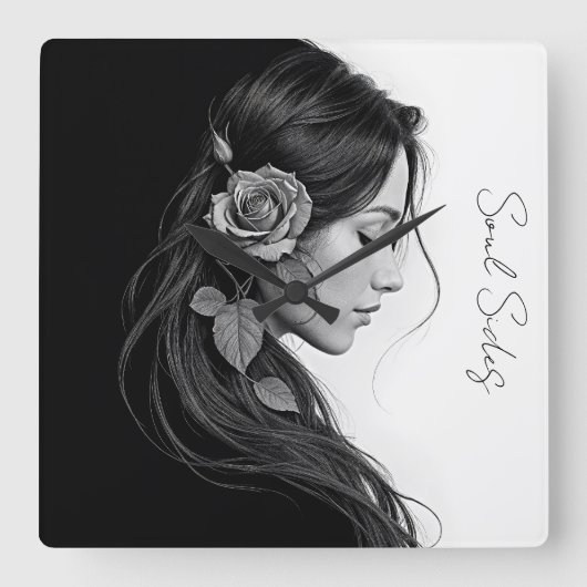 Artistic female profile with rose in monochrome スクエア壁時計 (正面)