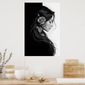 Artistic female profile with rose in monochrome ポスター (キッチン)