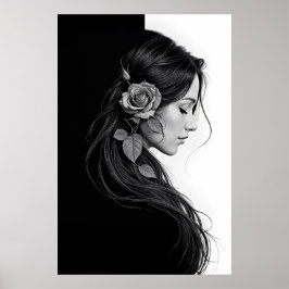 Artistic female profile with rose in monochrome ポスター