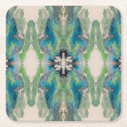 Artistic Fluid Abstract in Aqua & Green スクエアペーパーコースター (正面)