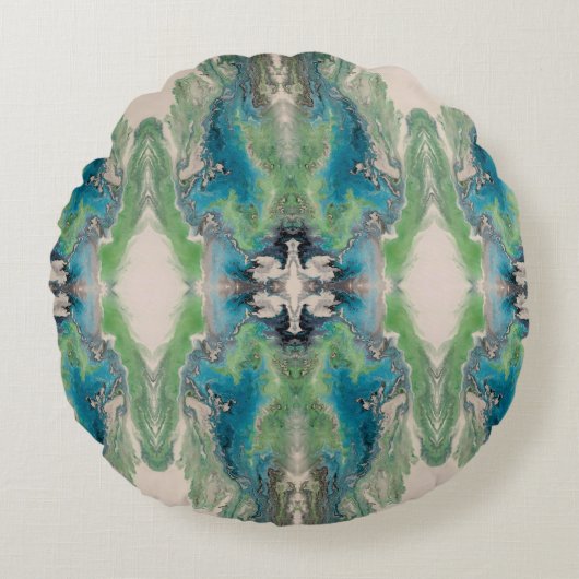 Artistic Fluid Abstract in Aqua & Green ラウンドクッション (正面)