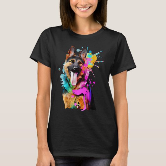 Artistic German Shepherd with Paint Splashes Tシャツ (正面)