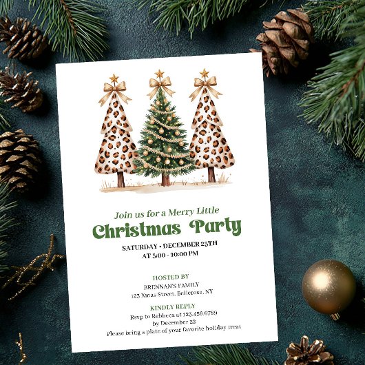 Artistic green gold leopard Christmas tree invite 招待状