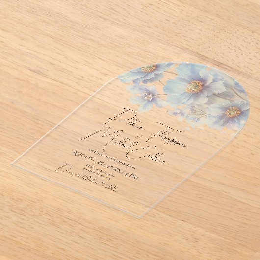 Artistic Handwritten Blue Himalayan Poppy Wedding アクリル招待状 (レイダウン)
