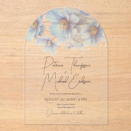 Artistic Handwritten Blue Himalayan Poppy Wedding アクリル招待状 (正面)