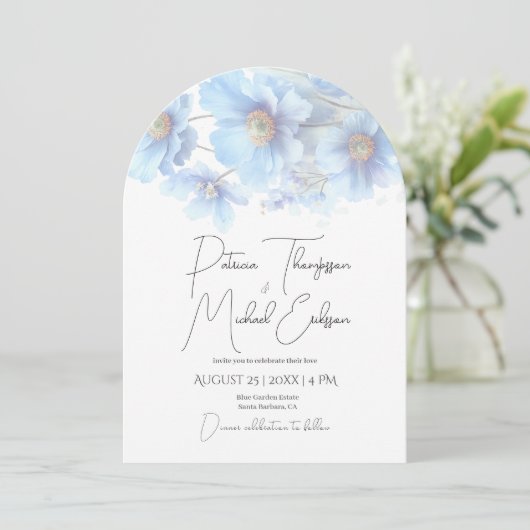 Artistic Handwritten Blue Himalayan Poppy Wedding  招待状 (スタンド正面)