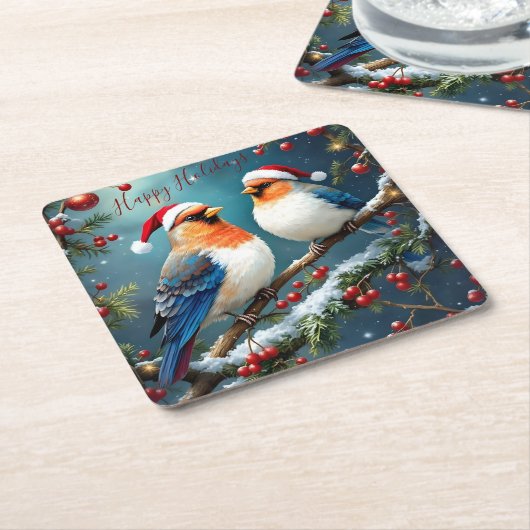Artistic Holiday Christmas Birds With Santa Hats スクエアペーパーコースター (アングル)