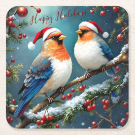 Artistic Holiday Christmas Birds With Santa Hats スクエアペーパーコースター