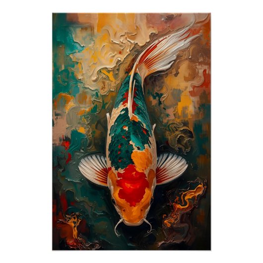 Artistic Japanese Koi Fish Portrait Oil Painting ポスター (正面)