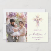 Artistic Lilac Floral Christian Cross Baptism サンキューカード (正面)