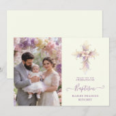 Artistic Lilac Floral Christian Cross Baptism サンキューカード (正面/裏面)
