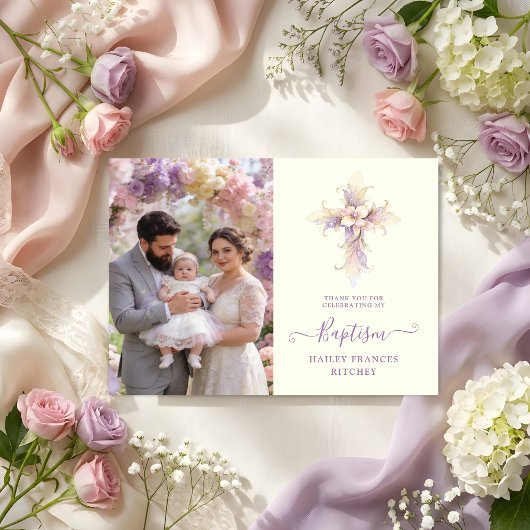 Artistic Lilac Floral Christian Cross Baptism サンキューカード
