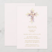 Artistic Lilac Floral Christian Cross Baptism 招待状 (正面/裏面)