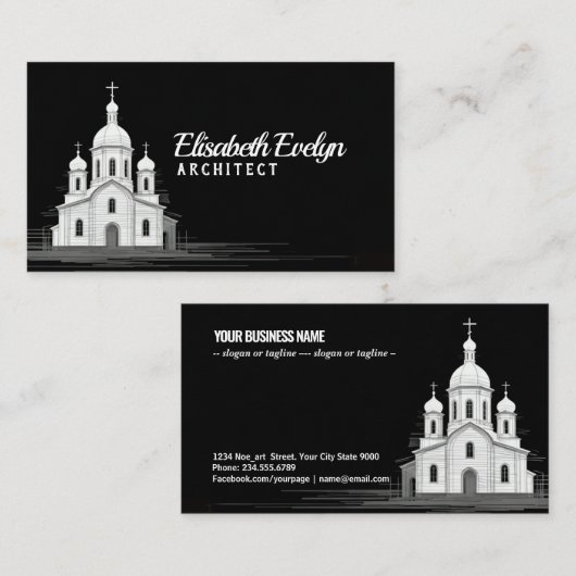 Artistic Line Art Church on Black 名刺 (正面/裏面)