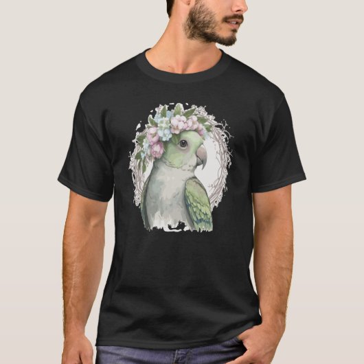 Artistic Monk Parakeet Quaker Parrot Bird Flower C Tシャツ (正面)