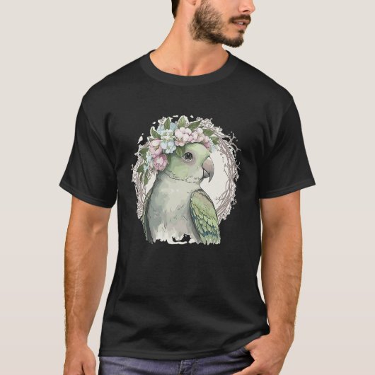 Artistic Monk Parakeet Quaker Parrot Bird Flower C Tシャツ (正面)