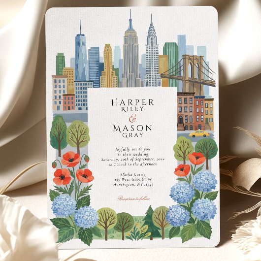 Artistic NYC Skyline Blue Hydrangea Red Poppy Wedd 招待状